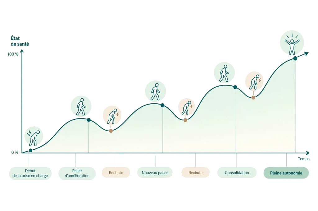 Courbe de l’état de santé au fil du temps : après le début de la prise en charge, l’amélioration progresse par paliers entrecoupés de rechutes, jusqu’à la consolidation puis la pleine autonomie.