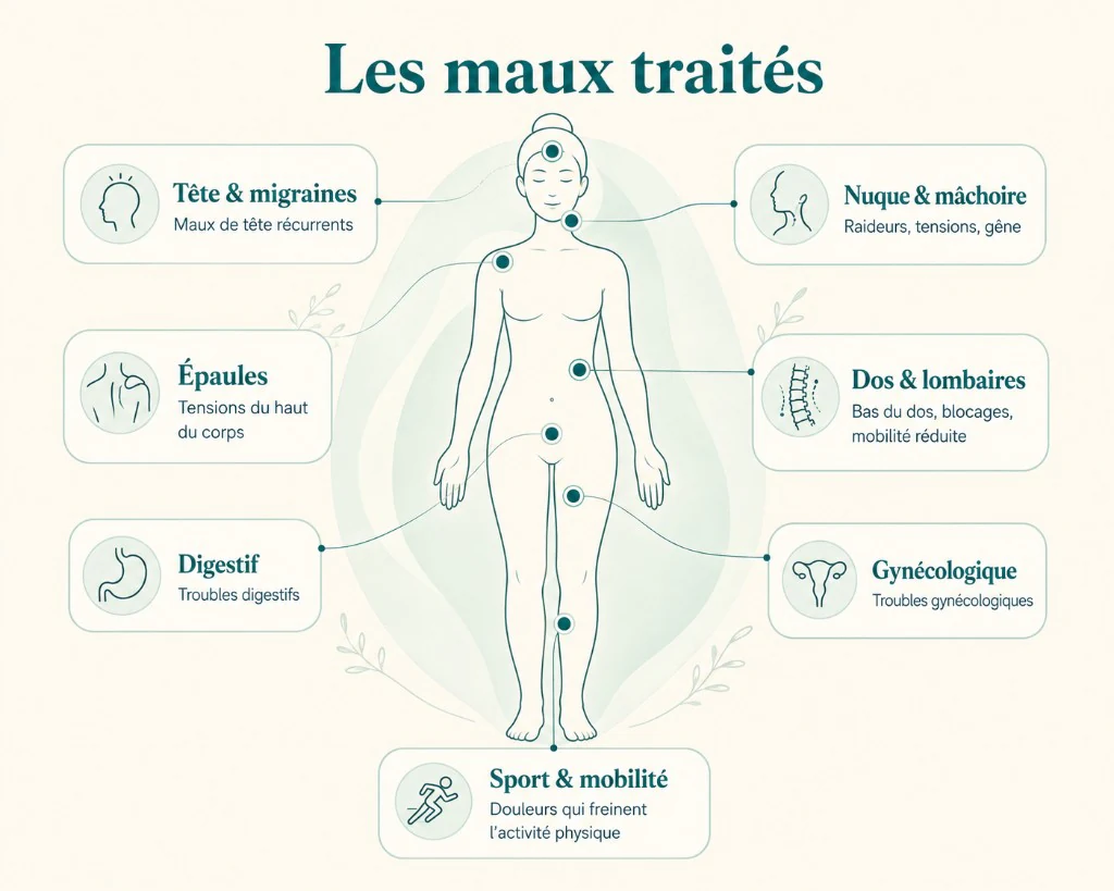 Les motifs de consultation répartis sur une silhouette : tête et migraines, nuque et mâchoire, épaules, dos et lombaires, troubles digestifs, troubles gynécologiques, douleurs qui freinent l’activité physique.